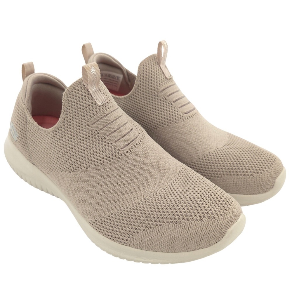 Skechers Ultra Flex First Take Shoes Womens 6.5 Taupe Knit Slip On Sneakers Soft